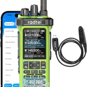 Radtel RT-950 Pro Ham Radio TX GPS/APRS, 10W Walkie Talkie Long Range Handheld Two Way Radio, Am/FM/CB/SW/MW/LW RX, Bluetooth App Programming, NOAA, Spectrum Analyzer，Green (with Programming Cable)