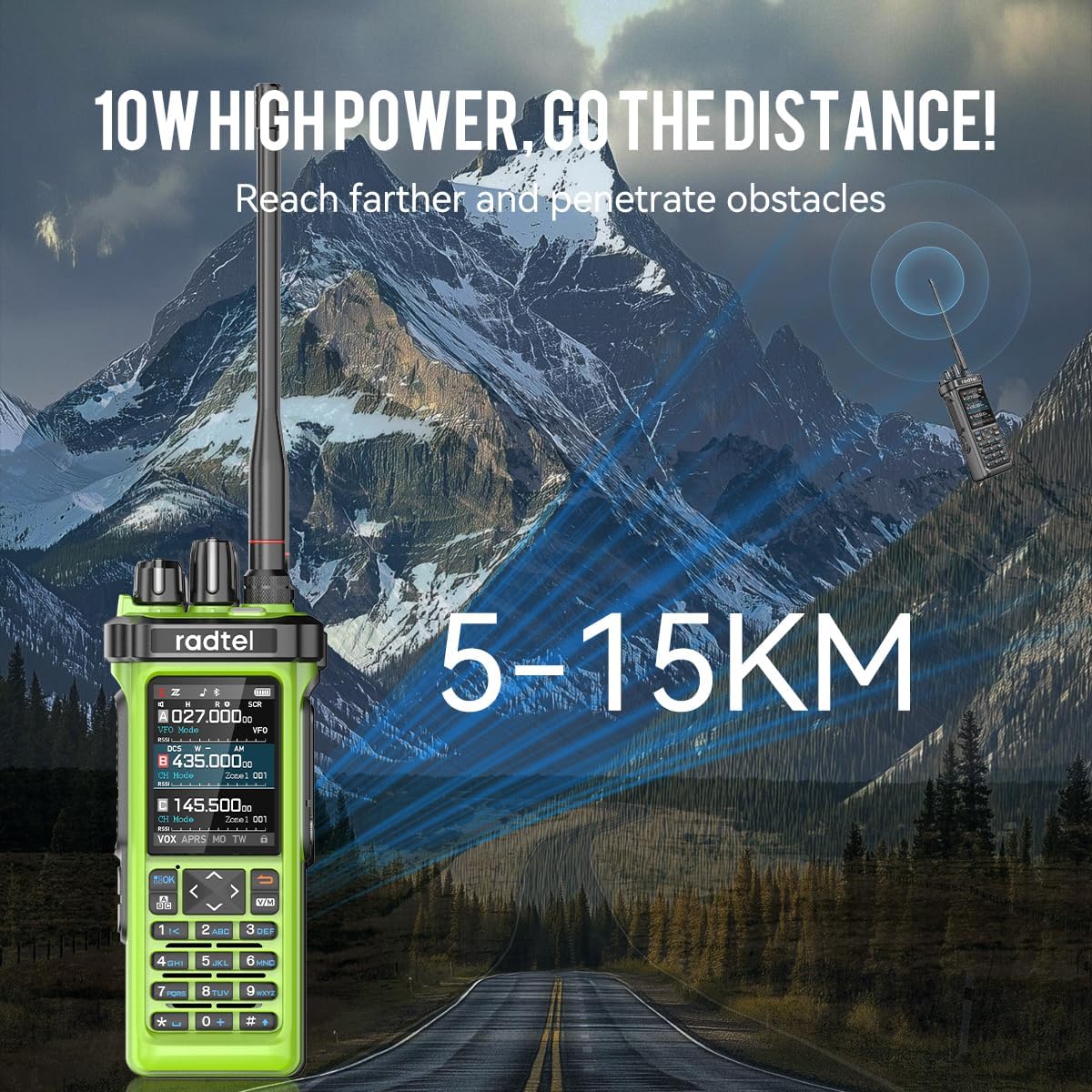 Radtel RT-950 Pro Ham Radio TX GPS/APRS, 10W Walkie Talkie Long Range Handheld Two Way Radio, Am/FM/CB/SW/MW/LW RX, Bluetooth App Programming, NOAA, Spectrum Analyzer，Green (with Programming Cable) - 5
