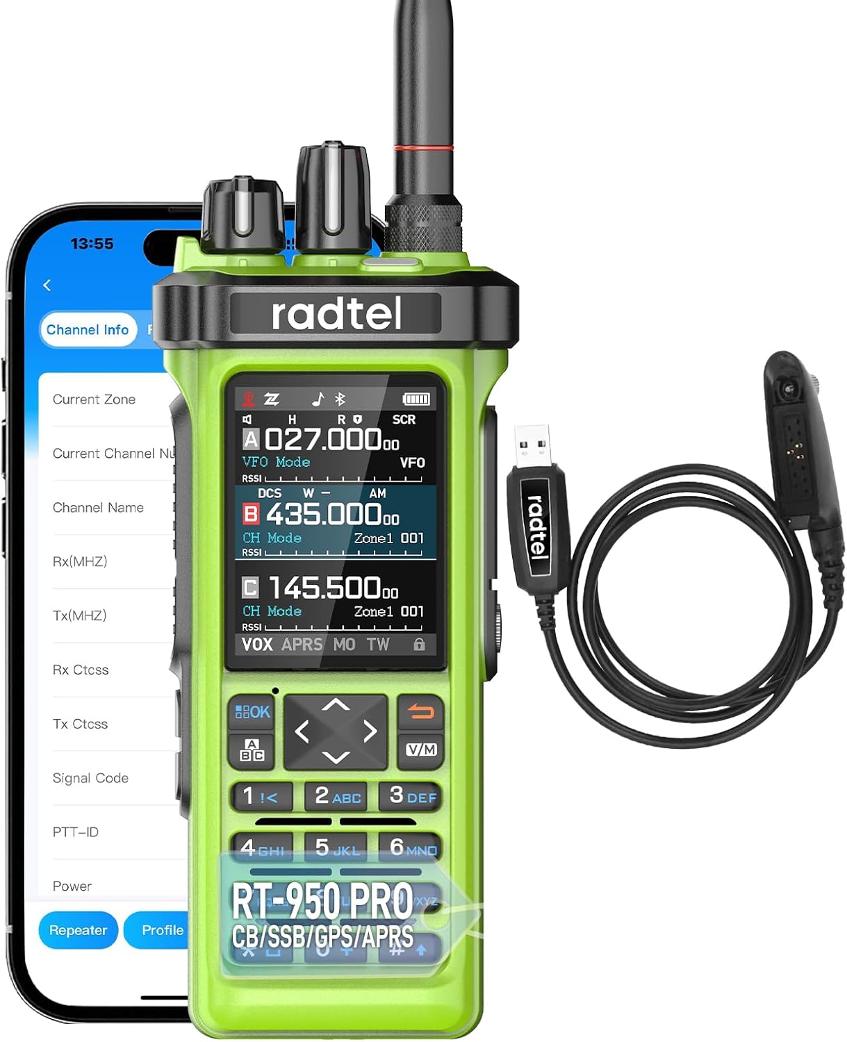 Radtel RT-950 Pro Ham Radio TX GPS/APRS, 10W Walkie Talkie Long Range Handheld Two Way Radio, Am/FM/CB/SW/MW/LW RX, Bluetooth App Programming, NOAA, Spectrum Analyzer，Green (with Programming Cable) - 1