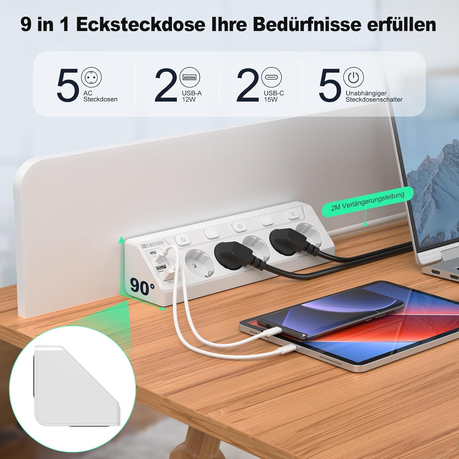 Regleta de Enchufes de Esquina con USB, 5 Enchufes con Interruptor, Regleta Múltiples con 2 USB y 2 Type-C, Protección contra Sobretensiones 9 en 1 con Cable de 2M para Smartphones, Tabletas, Blanco - 2