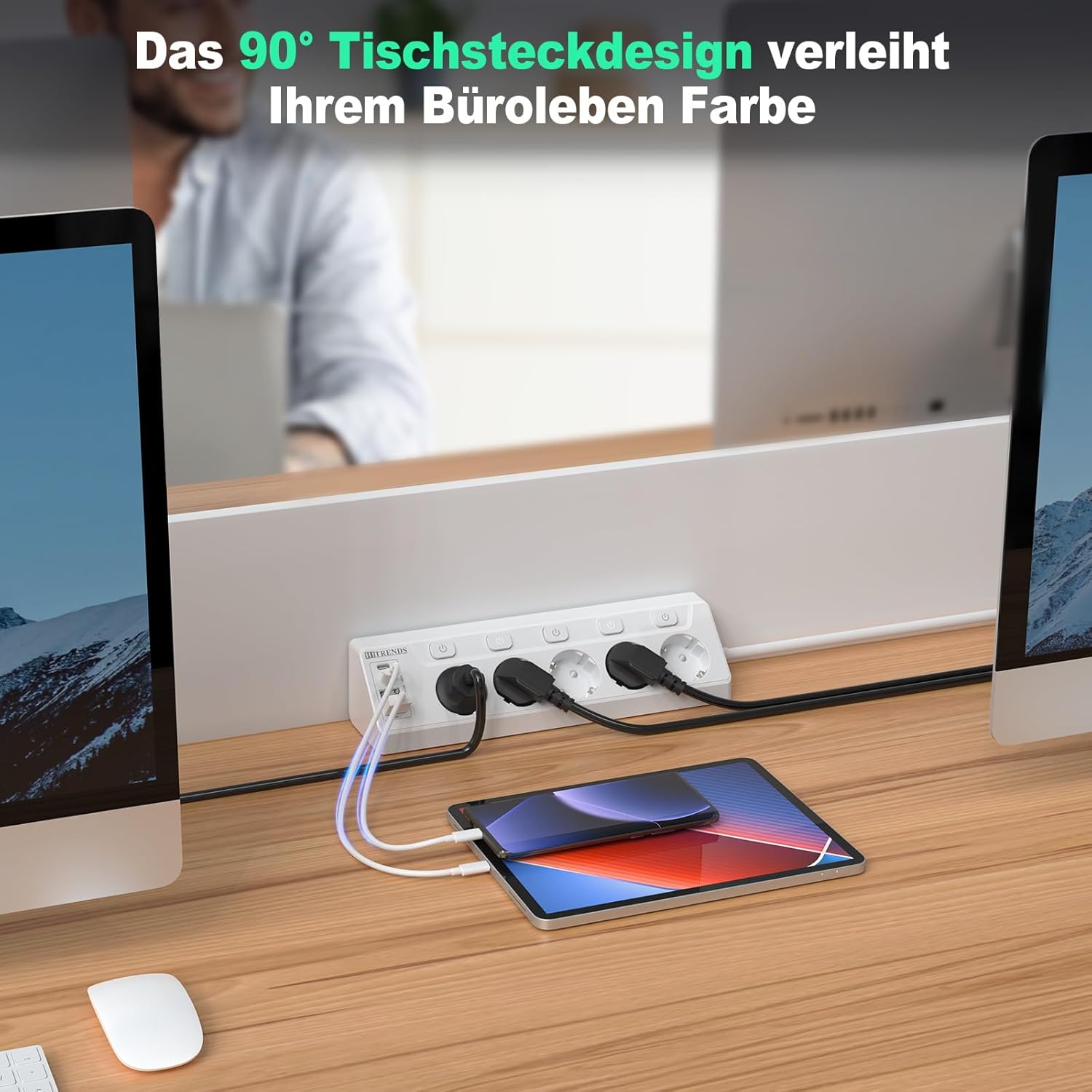 Regleta de Enchufes de Esquina con USB, 5 Enchufes con Interruptor, Regleta Múltiples con 2 USB y 2 Type-C, Protección contra Sobretensiones 9 en 1 con Cable de 2M para Smartphones, Tabletas, Blanco - 3