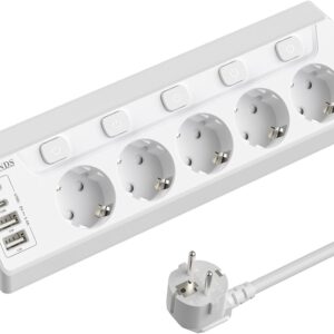 Regleta de Enchufes de Esquina con USB, 5 Enchufes con Interruptor, Regleta Múltiples con 2 USB y 2 Type-C, Protección contra Sobretensiones 9 en 1 con Cable de 2M para Smartphones, Tabletas, Blanco