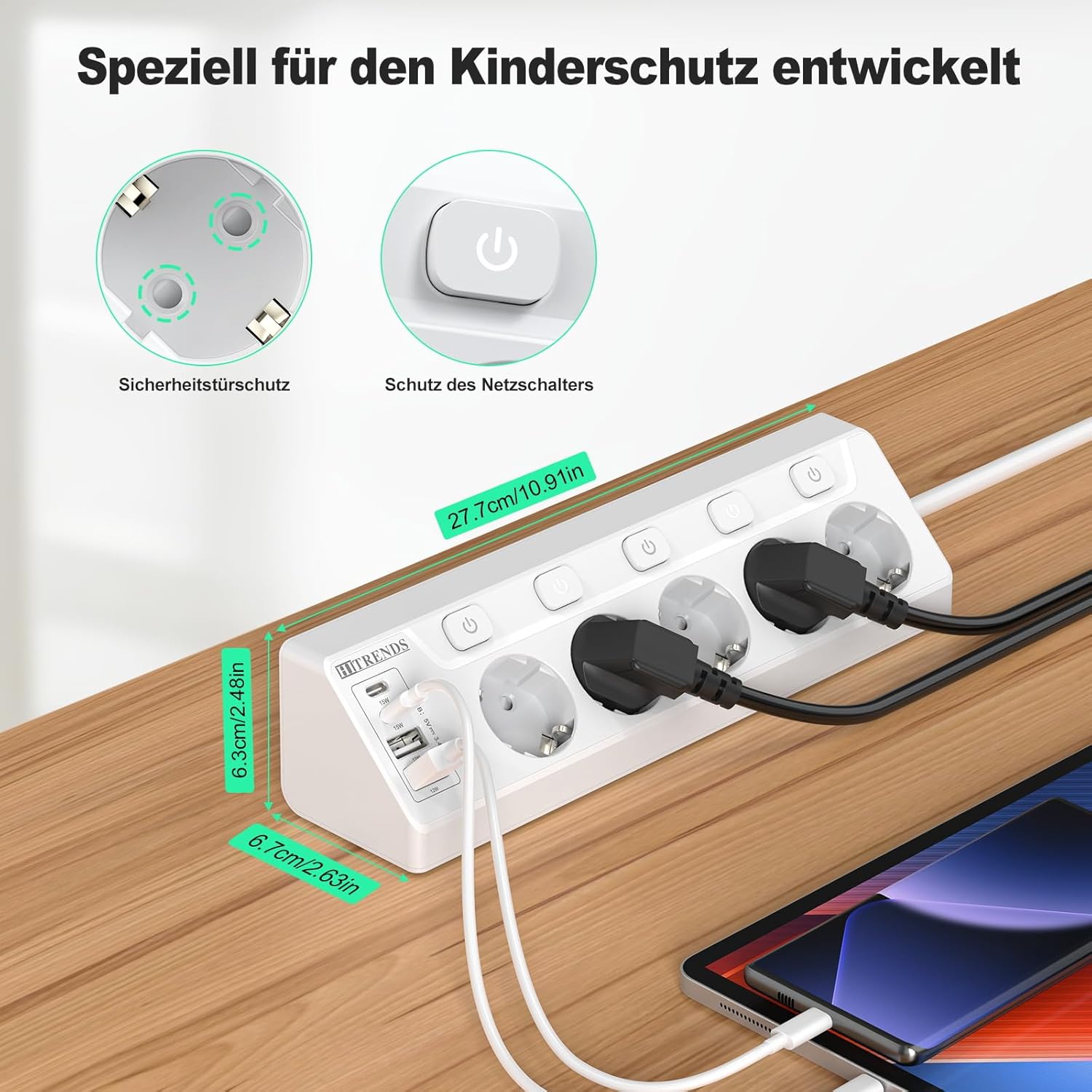 Regleta de Enchufes de Esquina con USB, 5 Enchufes con Interruptor, Regleta Múltiples con 2 USB y 2 Type-C, Protección contra Sobretensiones 9 en 1 con Cable de 2M para Smartphones, Tabletas, Blanco - 4