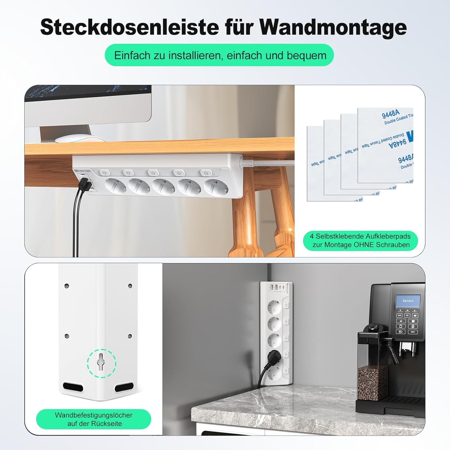 Regleta de Enchufes de Esquina con USB, 5 Enchufes con Interruptor, Regleta Múltiples con 2 USB y 2 Type-C, Protección contra Sobretensiones 9 en 1 con Cable de 2M para Smartphones, Tabletas, Blanco - 5