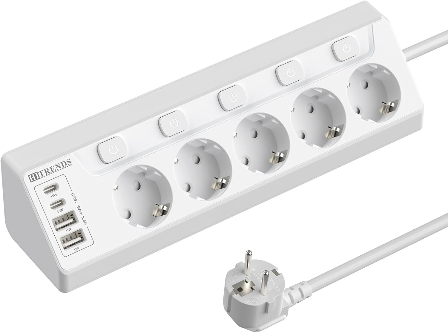 Regleta de Enchufes de Esquina con USB, 5 Enchufes con Interruptor, Regleta Múltiples con 2 USB y 2 Type-C, Protección contra Sobretensiones 9 en 1 con Cable de 2M para Smartphones, Tabletas, Blanco - 1