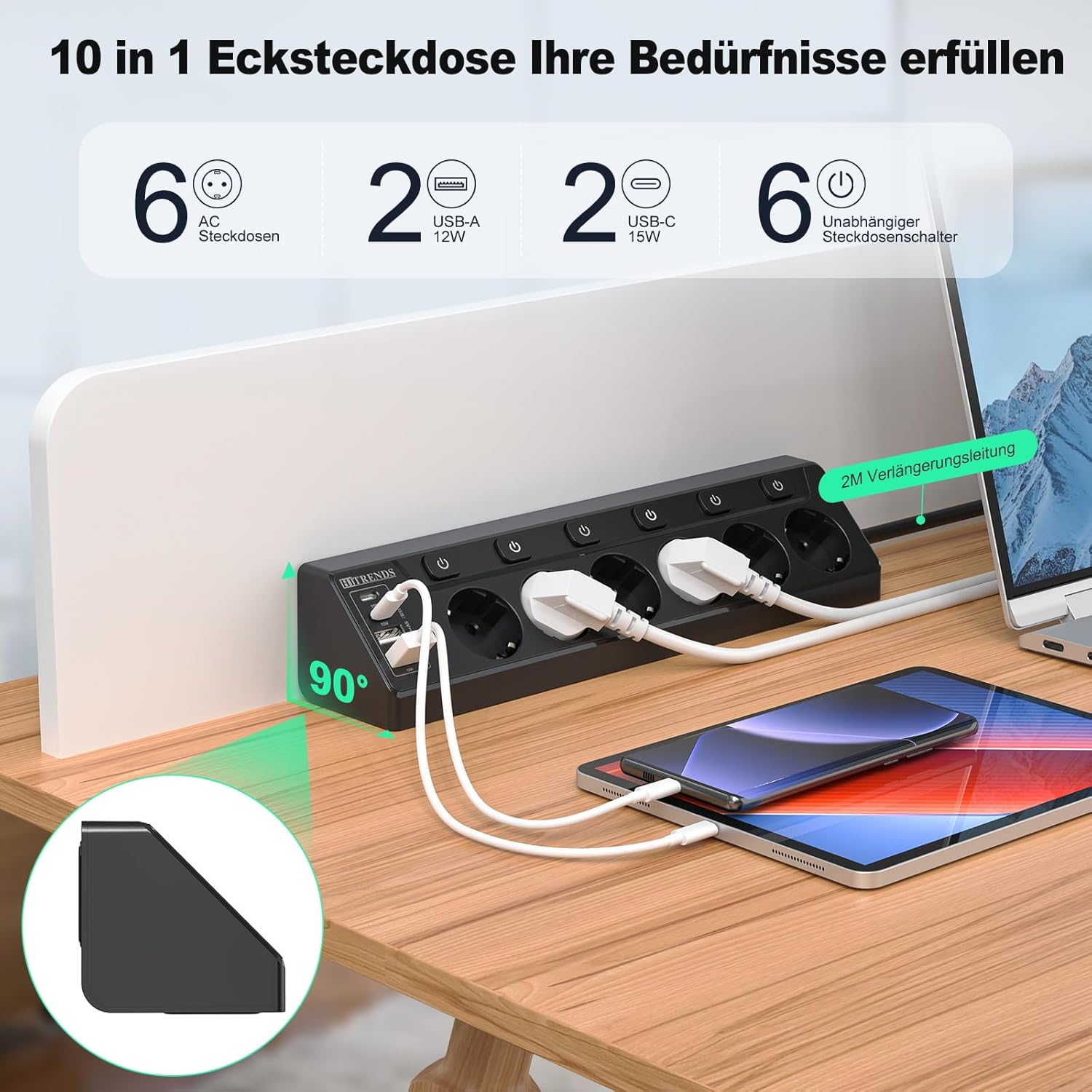 Regleta de Enchufes de Esquina con USB, 6 Enchufes con Interruptor, Regleta Múltiples con 2 USB y 2 Type-C, Protección contra Sobretensiones 10 en 1 con Cable de 2M para Smartphones, Tabletas, Negro - 2