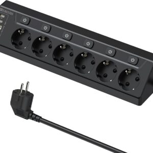 Regleta de Enchufes de Esquina con USB, 6 Enchufes con Interruptor, Regleta Múltiples con 2 USB y 2 Type-C, Protección contra Sobretensiones 10 en 1 con Cable de 2M para Smartphones, Tabletas, Negro