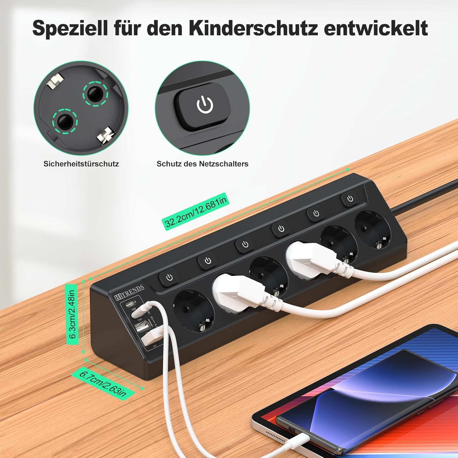 Regleta de Enchufes de Esquina con USB, 6 Enchufes con Interruptor, Regleta Múltiples con 2 USB y 2 Type-C, Protección contra Sobretensiones 10 en 1 con Cable de 2M para Smartphones, Tabletas, Negro - 4