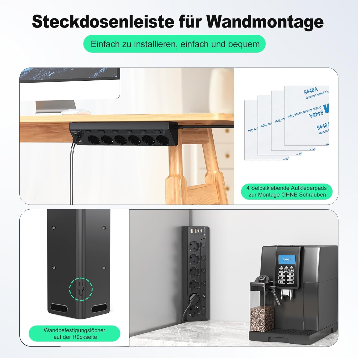 Regleta de Enchufes de Esquina con USB, 6 Enchufes con Interruptor, Regleta Múltiples con 2 USB y 2 Type-C, Protección contra Sobretensiones 10 en 1 con Cable de 2M para Smartphones, Tabletas, Negro - 5