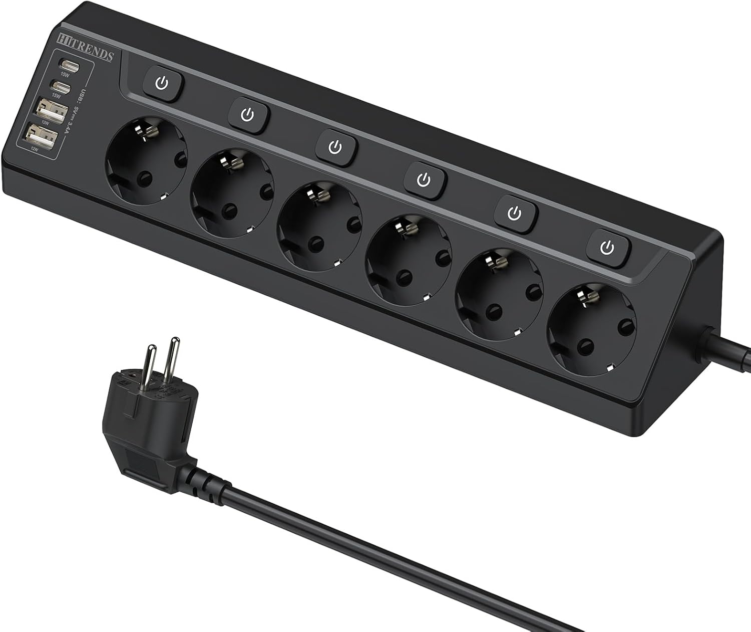 Regleta de Enchufes de Esquina con USB, 6 Enchufes con Interruptor, Regleta Múltiples con 2 USB y 2 Type-C, Protección contra Sobretensiones 10 en 1 con Cable de 2M para Smartphones, Tabletas, Negro - 1