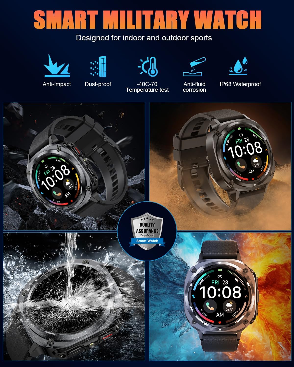 Reloj Inteligente Hombre Militar, 1.45" HD Smartwatch Hombre con Llamadas BT 5.3, 114+ Modos Deportivos, Monitor de Sueño/Podómetro/Pulsómetro, IP68 Impermeable Pulsera Actividad para Android iOS - 3