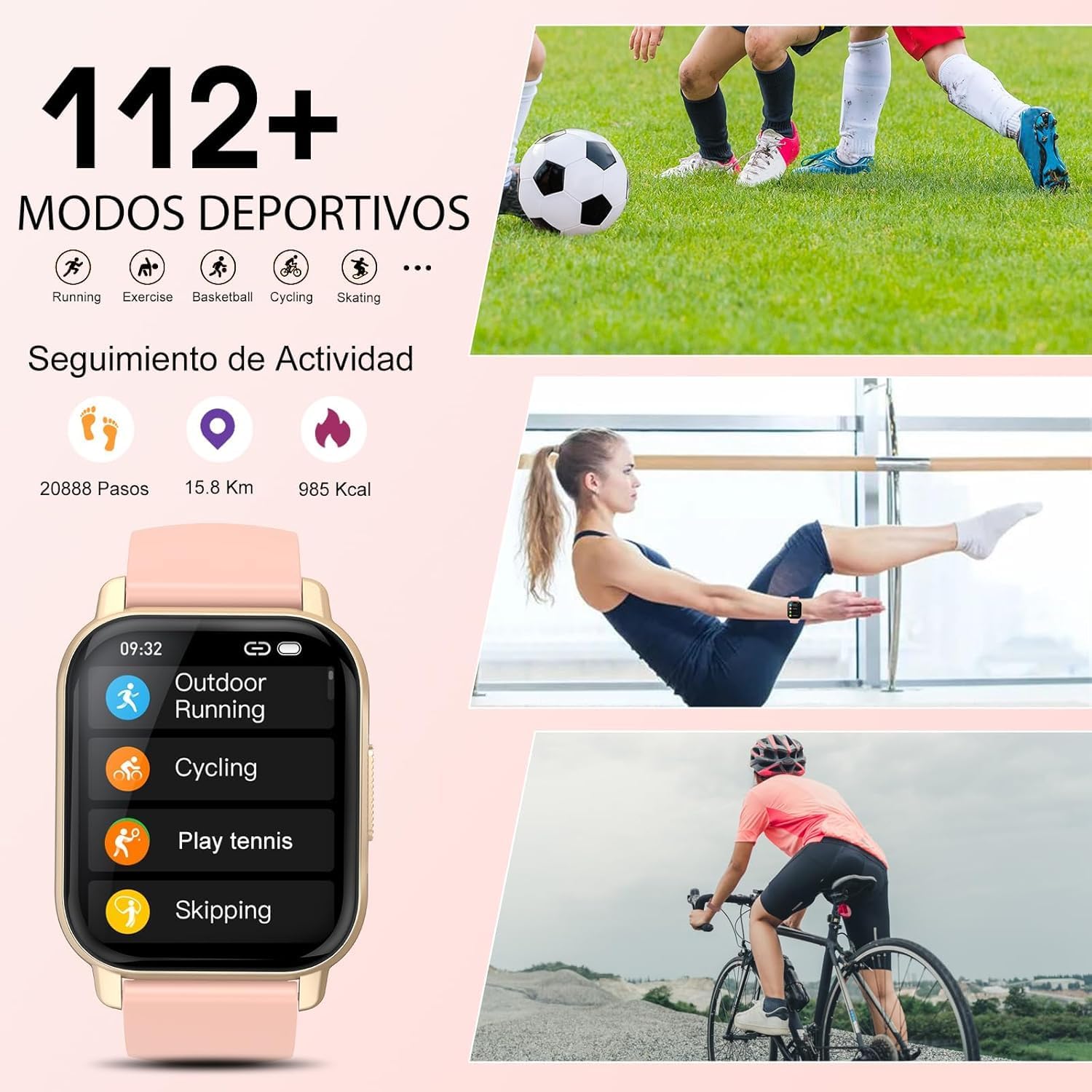 Reloj Inteligente Hombre Mujer, 1.91" Smartwatch con Llamadas Bluetooth, 112+ Deportivos Modos Reloj Deporte con Podómetro, Pulsómetro Monitor de Sueño, IP68 Pulsera Actividad para Android iOS rosa - 3