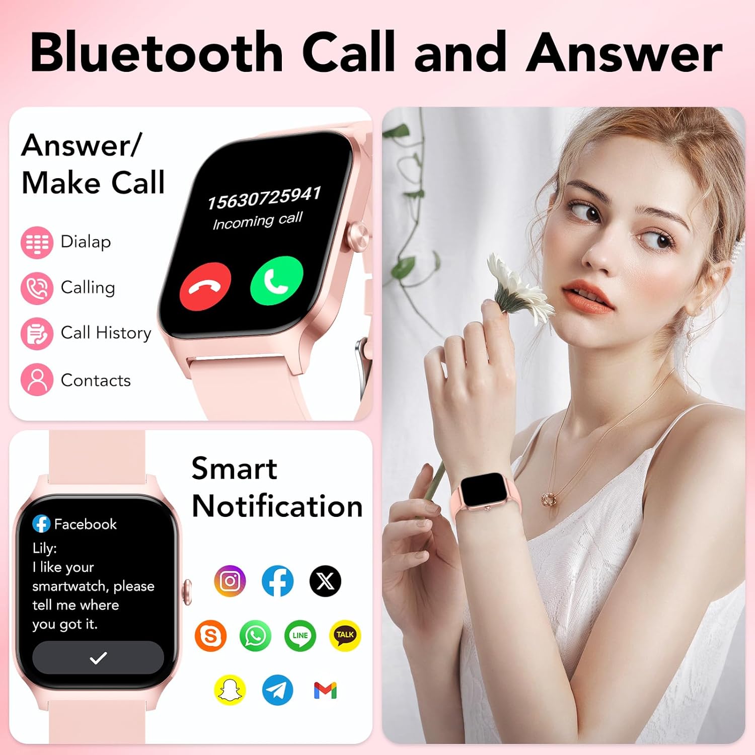 Reloj Inteligente Mujer Hombre,1.85" HD Smartwatch con Llamadas y Voz de Al,WhatsApp Notificaciones, Smart Watch con Podómetro/Pulsómetro/Monitor de Sueño,115+ Modos Deportes, IP68 Impermeable Rosa - 2