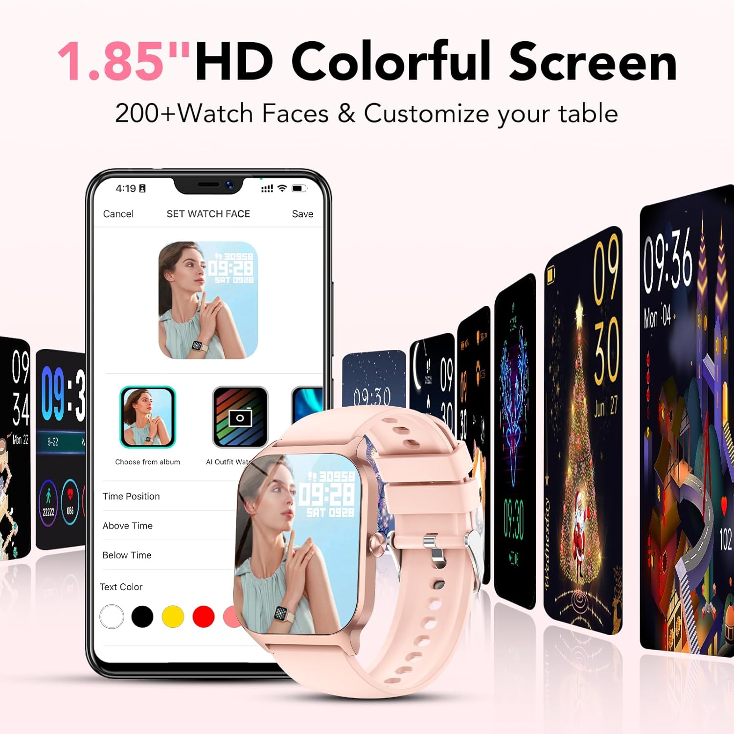 Reloj Inteligente Mujer Hombre,1.85" HD Smartwatch con Llamadas y Voz de Al,WhatsApp Notificaciones, Smart Watch con Podómetro/Pulsómetro/Monitor de Sueño,115+ Modos Deportes, IP68 Impermeable Rosa - 3