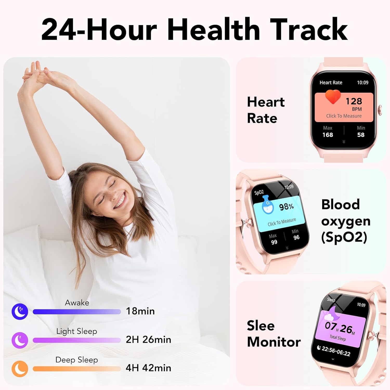 Reloj Inteligente Mujer Hombre,1.85" HD Smartwatch con Llamadas y Voz de Al,WhatsApp Notificaciones, Smart Watch con Podómetro/Pulsómetro/Monitor de Sueño,115+ Modos Deportes, IP68 Impermeable Rosa - 5