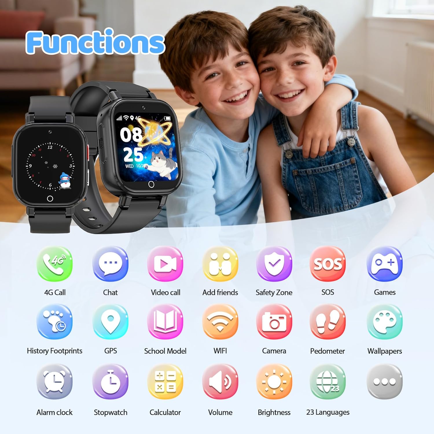 Reloj Inteligente Niño 4G Llamadas, Smartwatch Niños con GPS Telefono Videollamada SOS Chat de Voz Modo Clase Cámara Cronómetro Podómetro Calculadora, Reloj Infantil Niño Niña de 4 a 12 Años, Negro - 2