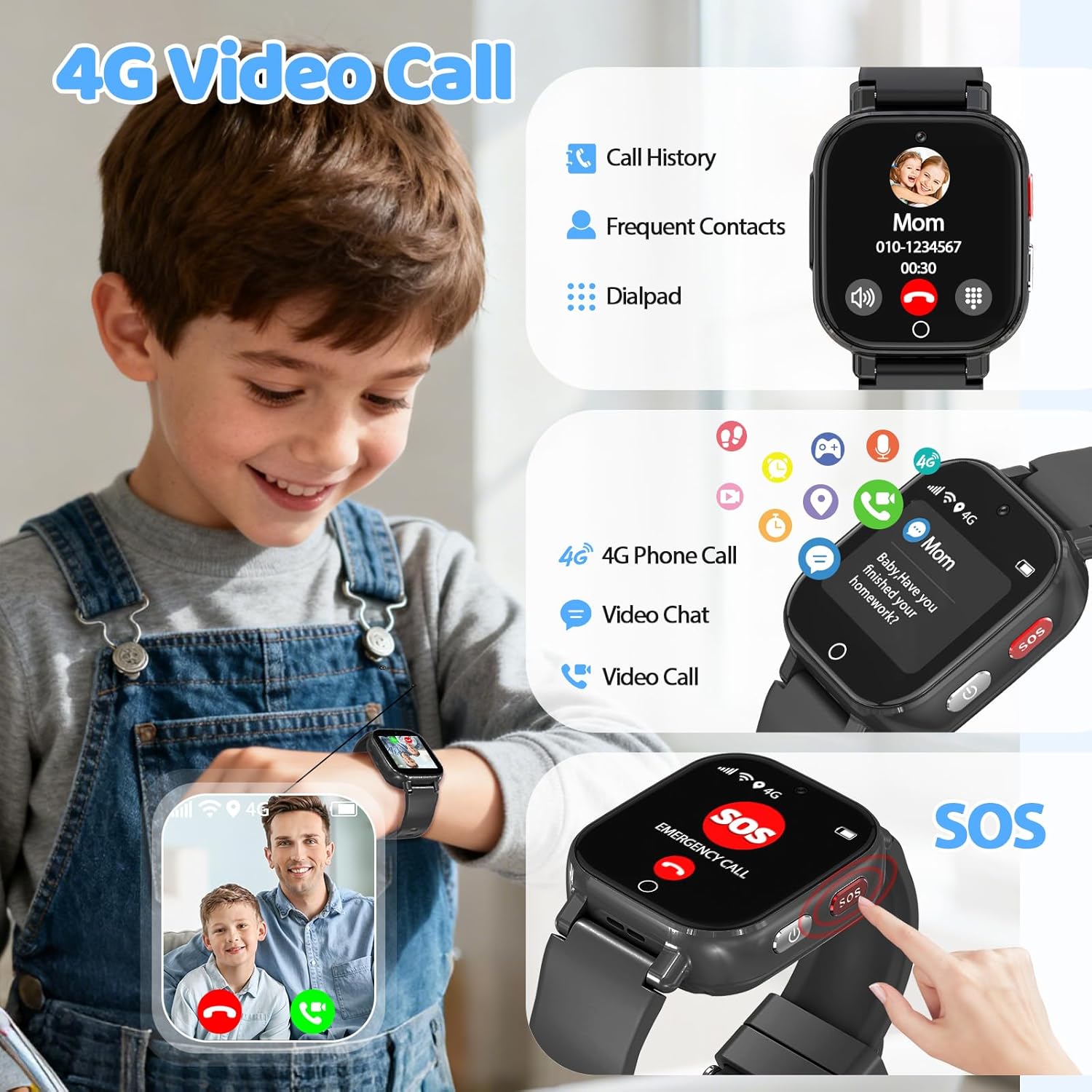 Reloj Inteligente Niño 4G Llamadas, Smartwatch Niños con GPS Telefono Videollamada SOS Chat de Voz Modo Clase Cámara Cronómetro Podómetro Calculadora, Reloj Infantil Niño Niña de 4 a 12 Años, Negro - 3