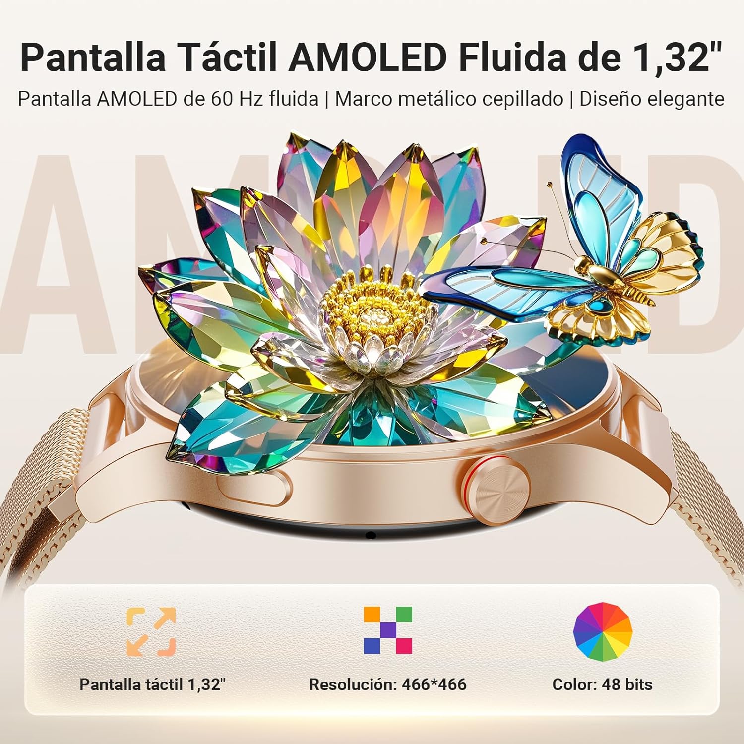 Reloj Inteligente para Mujer con Llamada Bluetooth 5.3, Smartwatch 1.32" AMOLED para Android iOS, podómetro con 110+ Deportes y 3ATM Pulsera Fitness con Monitor de sueño/SpO2 - 6