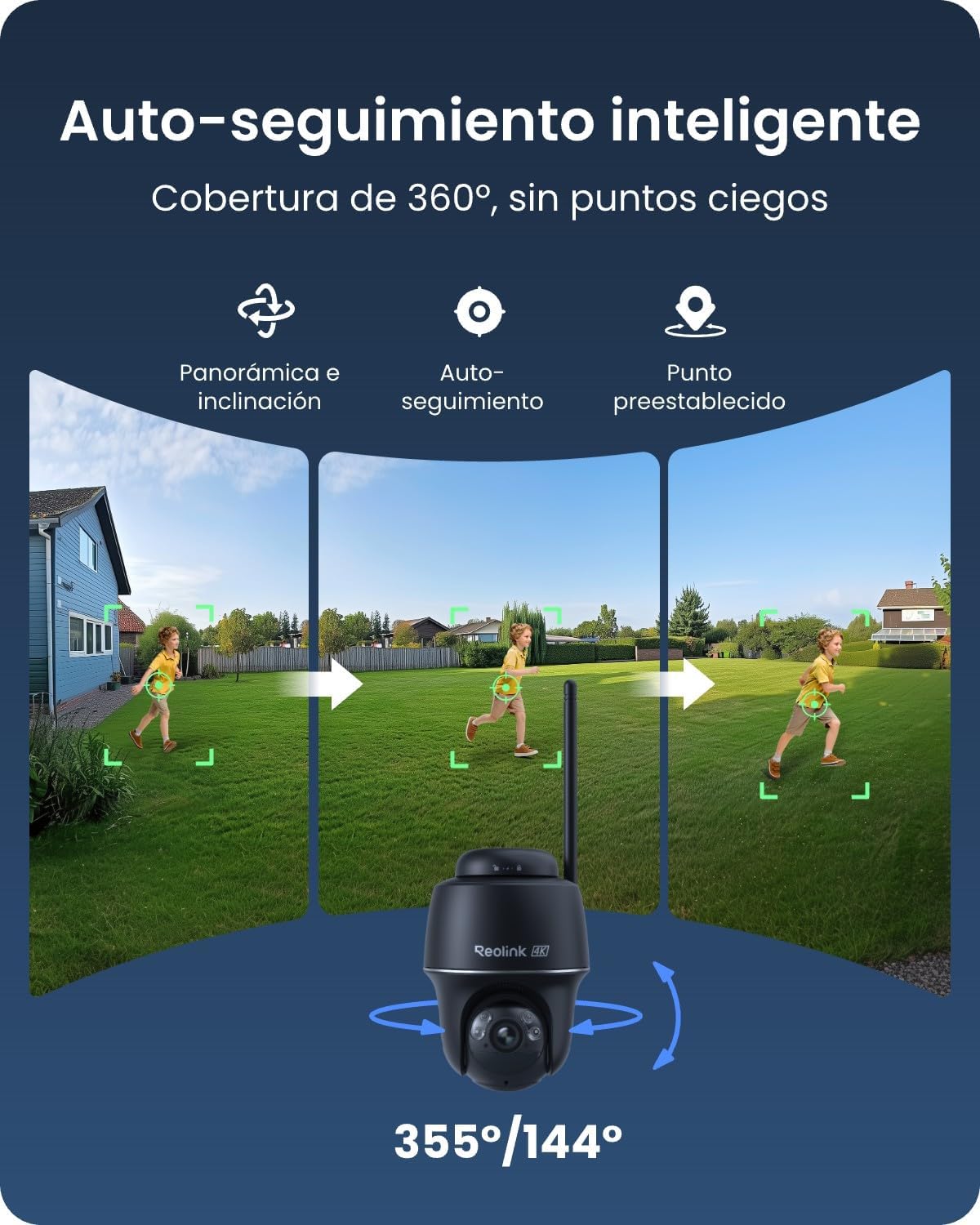Reolink 4K 8MP Camara Vigilancia WiFi Exterior Solar, 360° PTZ Cámara Sin Cables con Foco, Visión Nocturna en Color, WiFi 2,4/5 GHz, Detección Inteligente, Argus PT Ultra(Negro) + Panel Solar 6W - 3