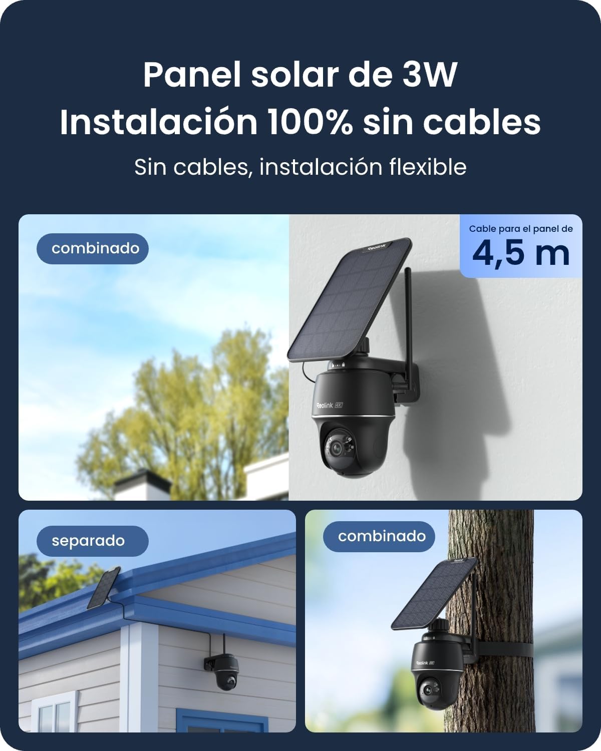 Reolink 4K 8MP Camara Vigilancia WiFi Exterior Solar, 360° PTZ Cámara Sin Cables con Foco, Visión Nocturna en Color, WiFi 2,4/5 GHz, Detección Inteligente, Argus PT Ultra(Negro) + Panel Solar 6W - 4