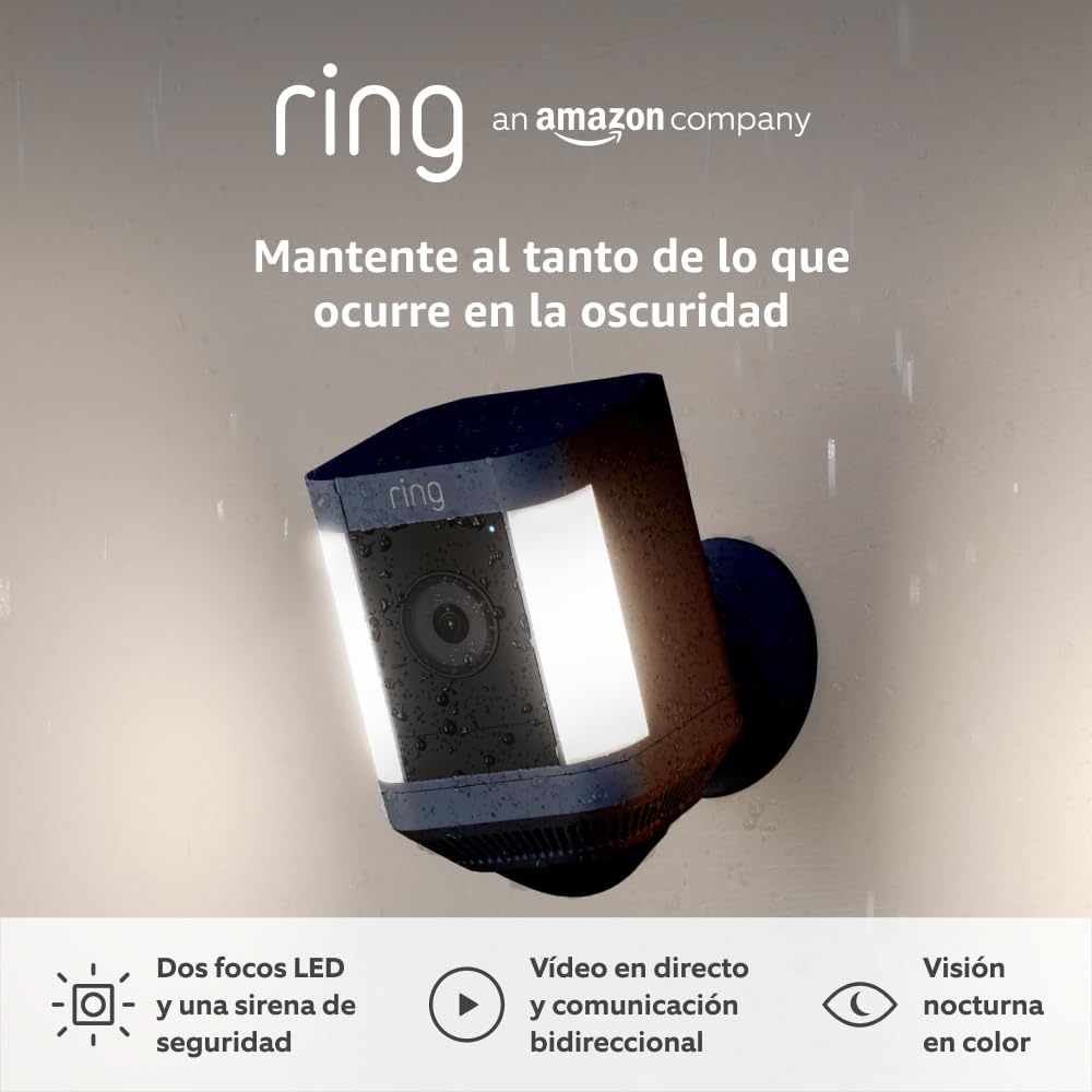 Ring cámara Plus con luces y batería (Spotlight Cam Plus) | Cámara de vigilancia exterior wifi con vídeo HD 1080p, comunicación bidireccional, visión nocturna y focos LED | 30 días gratis de Ring Home - 1