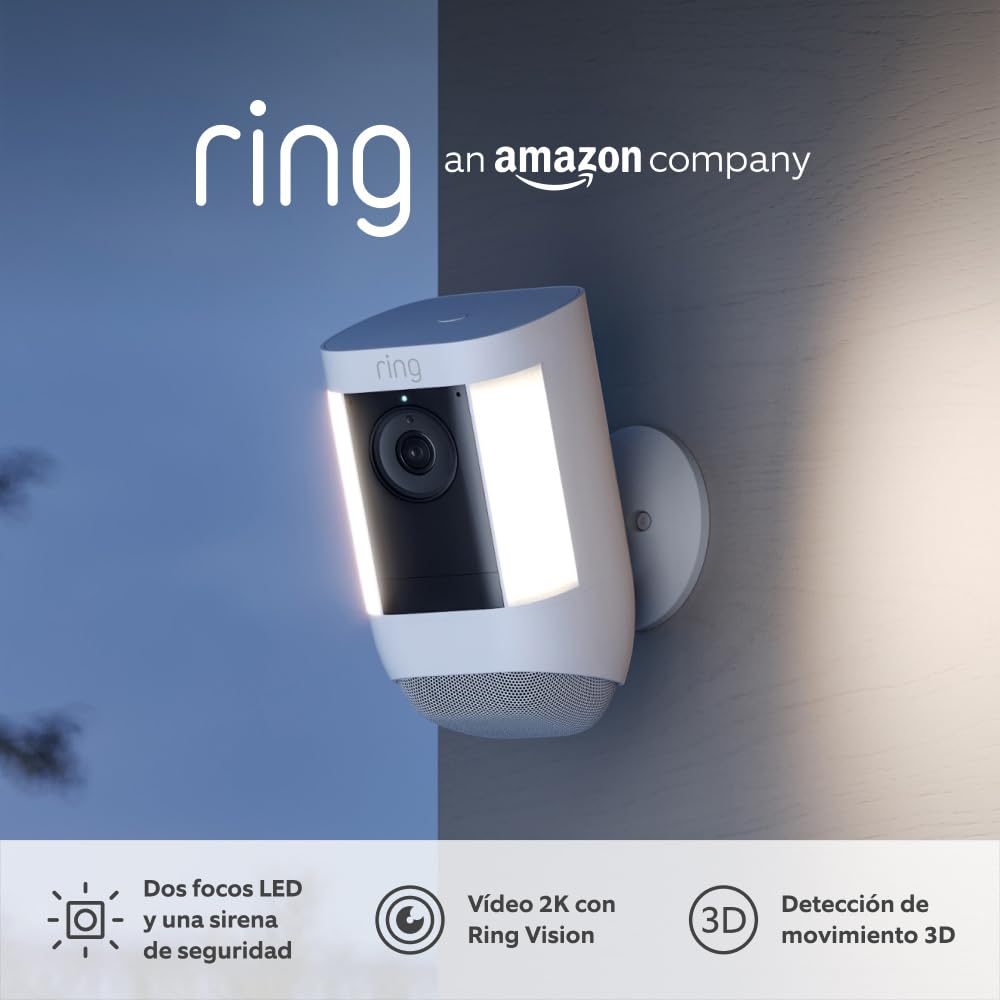 Ring cámara Pro con luces y batería (Spotlight Cam Pro Battery) | Vídeo 2K con Ring Vision, detección de movimiento 3D| 30 días de prueba gratuita de Ring Home | 2 Cámaras - 1