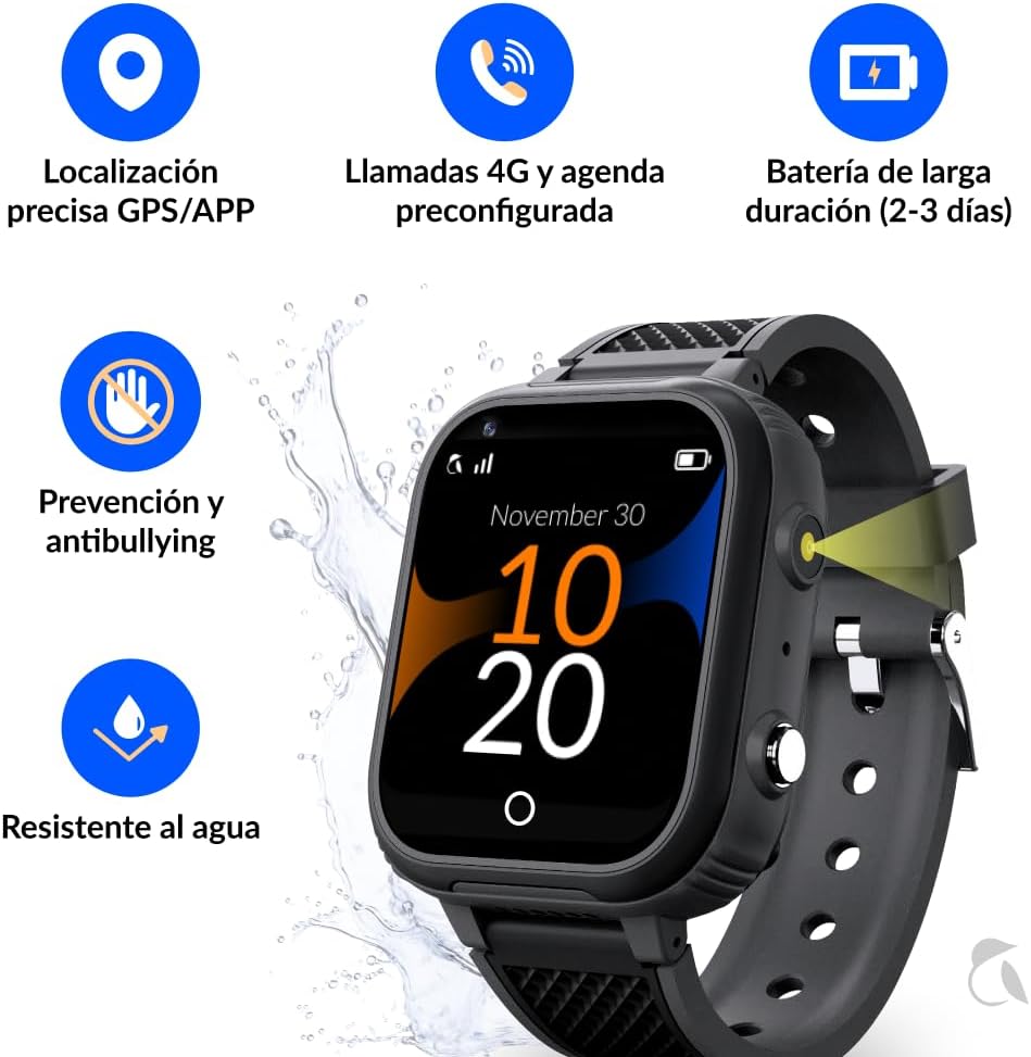 Robin Watch K1 – Reloj Teléfono 4G GPS para Niños | Llamadas Seguras, Chat, SOS, Modo Clase, Batería 2-3 Días, Linterna, Podómetro, App Familiar Robin, Sin Juegos ni Redes Sociales (Sin SIM, Negro) - 4