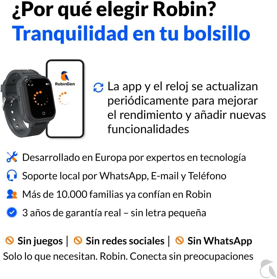 Robin Watch K1 – Reloj Teléfono 4G GPS para Niños | Llamadas Seguras, Chat, SOS, Modo Clase, Batería 2-3 Días, Linterna, Podómetro, App Familiar Robin, Sin Juegos ni Redes Sociales (Sin SIM, Negro) - 5