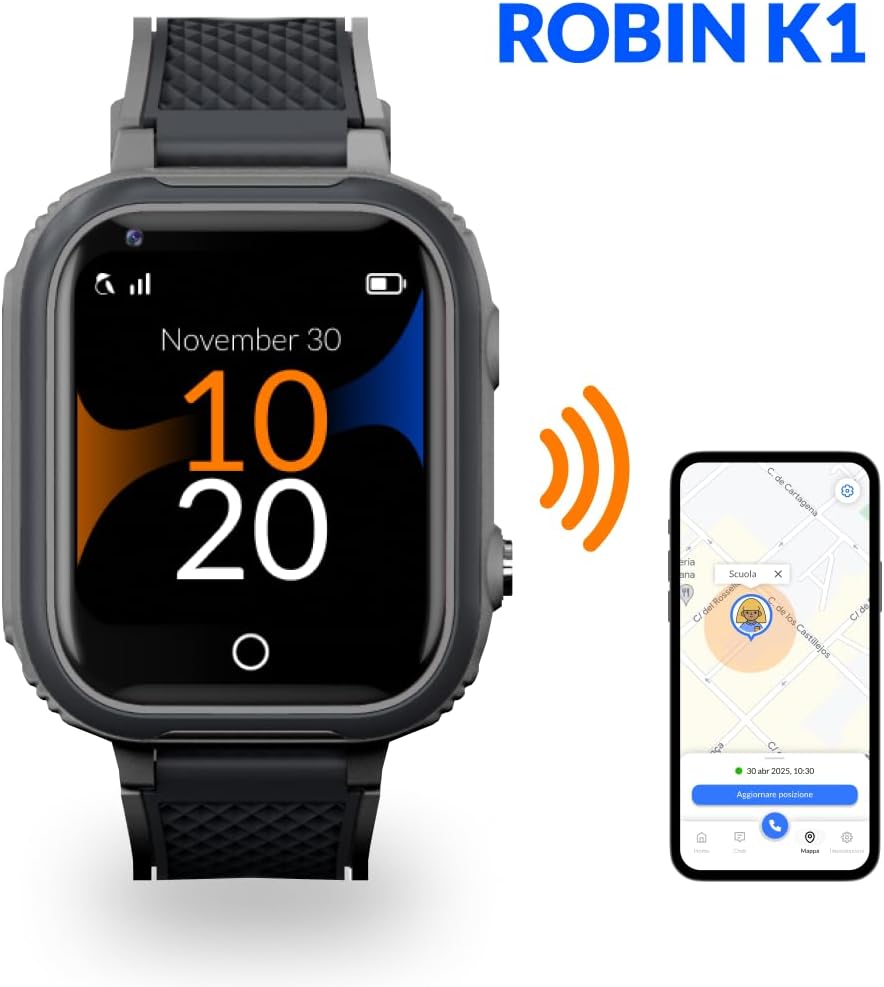 Robin Watch K1 – Reloj Teléfono 4G GPS para Niños | Llamadas Seguras, Chat, SOS, Modo Clase, Batería 2-3 Días, Linterna, Podómetro, App Familiar Robin, Sin Juegos ni Redes Sociales (Sin SIM, Negro) - 6