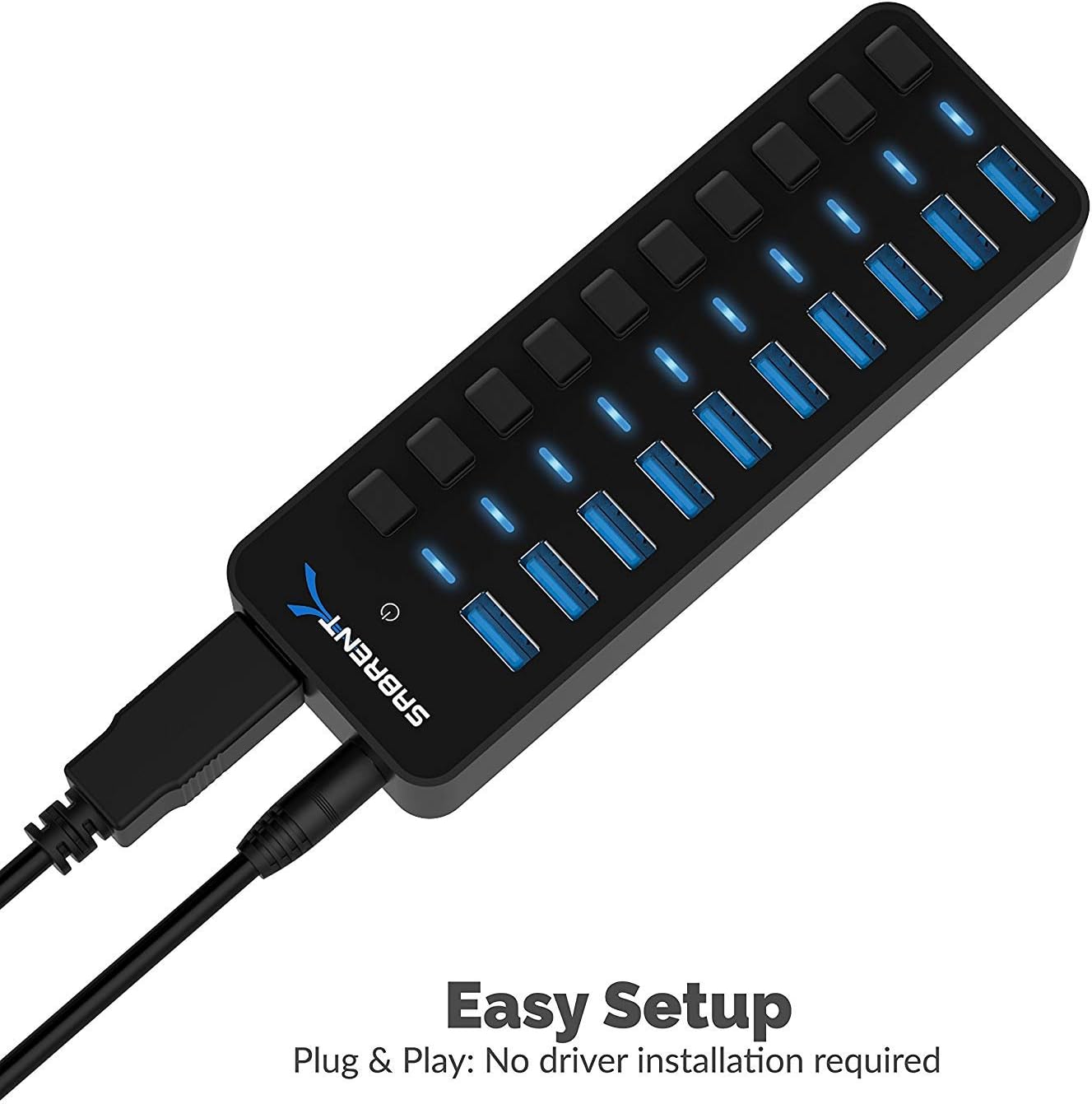 SABRENT Hub de 10 Puertos USB con interruptores de alimentación Individuales y LED Incluye Adaptador de Corriente de 60W 12V/5A | USB 3.0 | para PS5, Xbox, PC, Ordenador portátil, Gaming [HB-BU10] - 3