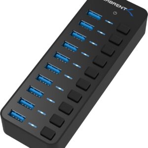SABRENT Hub de 10 Puertos USB con interruptores de alimentación Individuales y LED Incluye Adaptador de Corriente de 60W 12V/5A | USB 3.0 | para PS5, Xbox, PC, Ordenador portátil, Gaming [HB-BU10]
