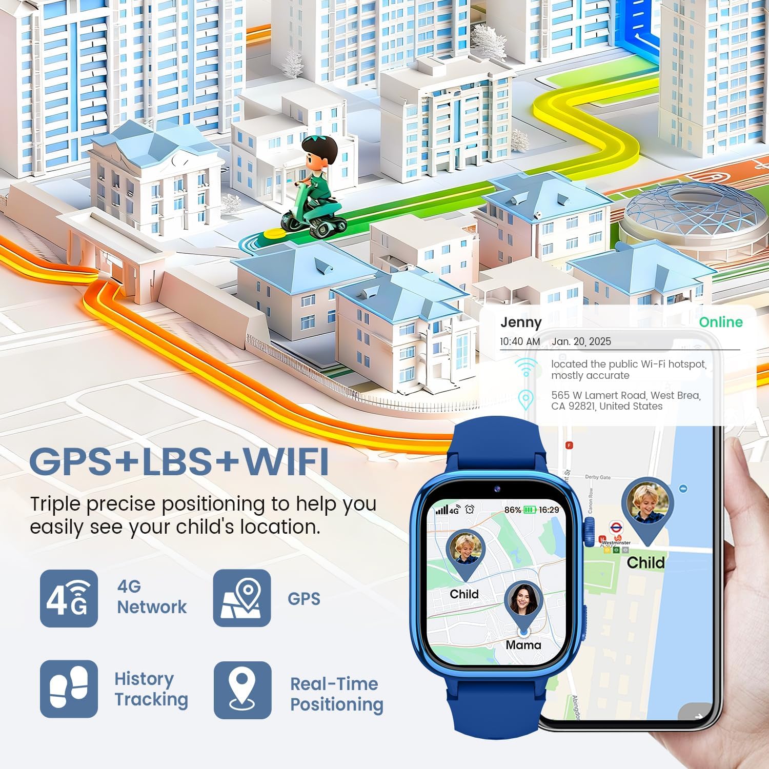 SWGOTA 4G Reloj Inteligente Niño, Smartwatch Niños con GPS y Teléfono/Videollamadas/Chat de Voz/Función SOS/Modo Escuela/IP68, Cámara Despertador Podómetro Monitor de Sueño, Regalo Niñas/Niños, Azul - 4