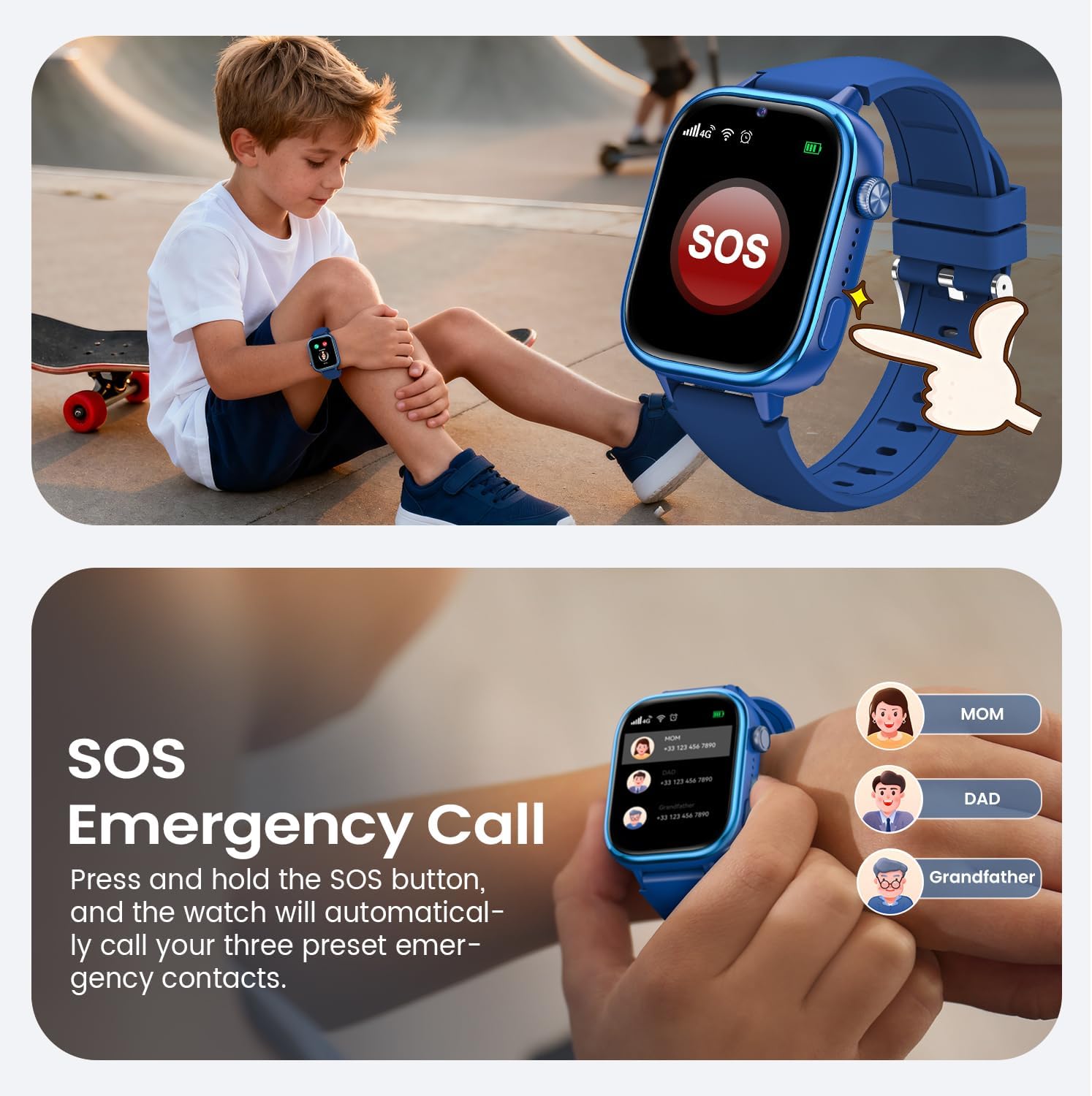 SWGOTA 4G Reloj Inteligente Niño, Smartwatch Niños con GPS y Teléfono/Videollamadas/Chat de Voz/Función SOS/Modo Escuela/IP68, Cámara Despertador Podómetro Monitor de Sueño, Regalo Niñas/Niños, Azul - 5