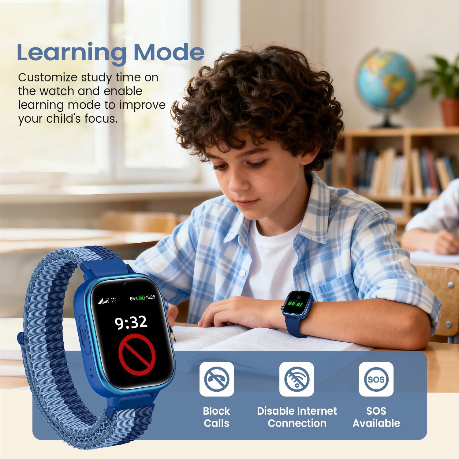 SWGOTA 4G Reloj Inteligente Niño, Smartwatch Niños con GPS y Teléfono/Videollamadas/Chat de Voz/Función SOS/Modo Escuela/IP68, Cámara Despertador Podómetro Monitor de Sueño, Regalo Niñas/Niños, Azul - 6
