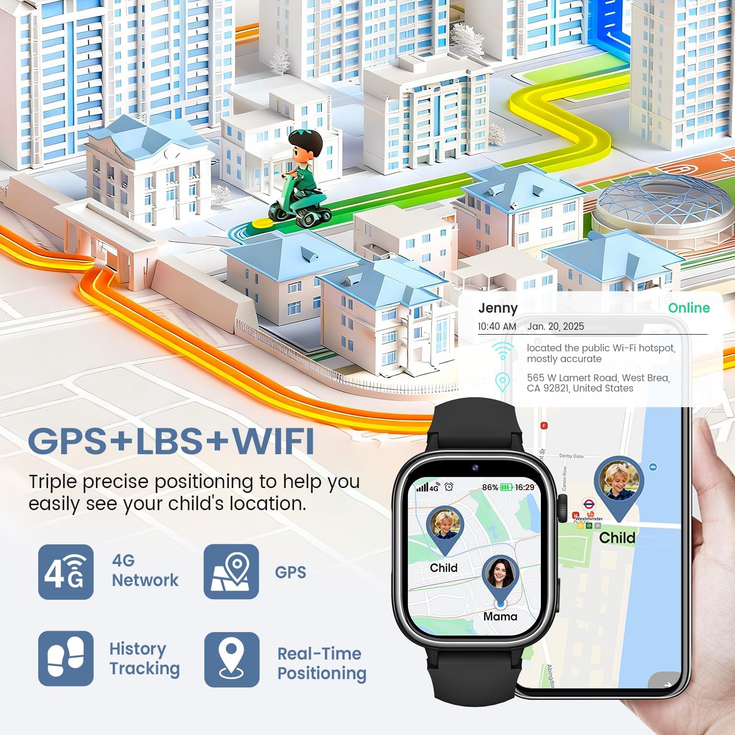 SWGOTA 4G Reloj Inteligente Niño, Smartwatch Niños con GPS y Teléfono/Videollamadas/Chat de Voz/Función SOS/Modo Escuela/IP68, Cámara Despertador Podómetro Monitor de Sueño, Regalo Niñas/Niños, Negro - 4