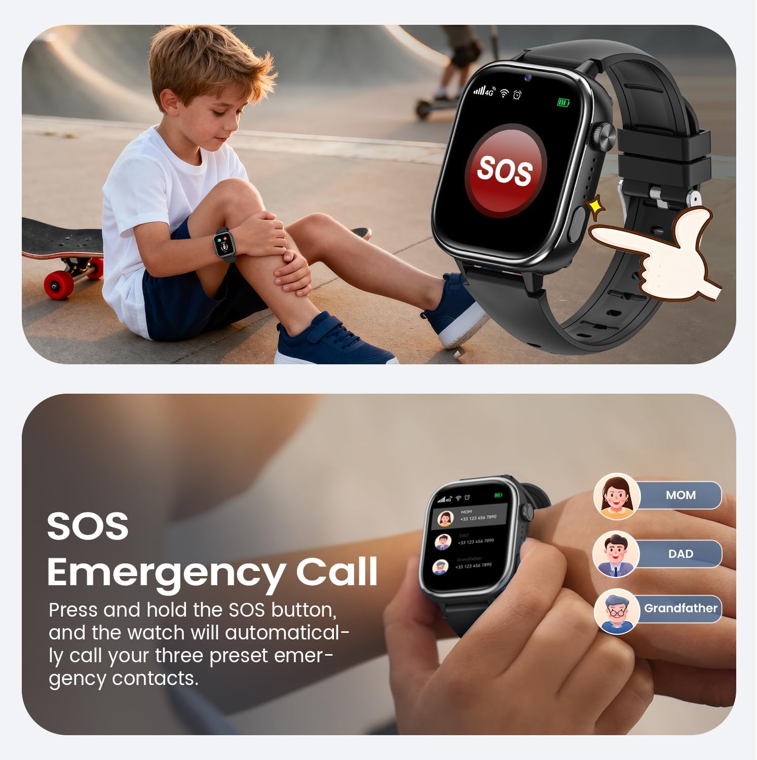 SWGOTA 4G Reloj Inteligente Niño, Smartwatch Niños con GPS y Teléfono/Videollamadas/Chat de Voz/Función SOS/Modo Escuela/IP68, Cámara Despertador Podómetro Monitor de Sueño, Regalo Niñas/Niños, Negro - 5