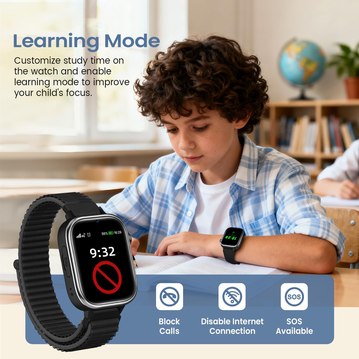 SWGOTA 4G Reloj Inteligente Niño, Smartwatch Niños con GPS y Teléfono/Videollamadas/Chat de Voz/Función SOS/Modo Escuela/IP68, Cámara Despertador Podómetro Monitor de Sueño, Regalo Niñas/Niños, Negro - 6