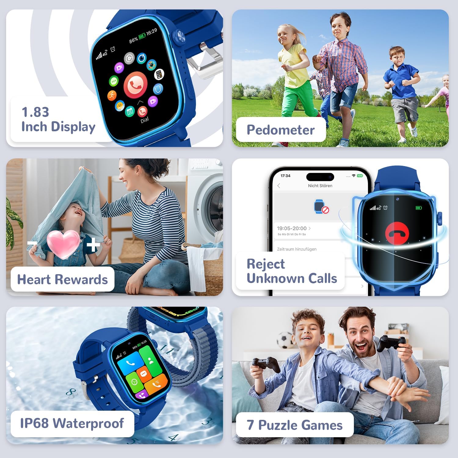SWGOTA 4G Reloj Inteligente Niño con GPS y Teléfono, Smartwatch Niños con Videollamadas, Mensajes, Modo Escuela, SOS, IP68 Impermeable, Despertador, Podómetro - Regalo Ideal para Niños y Niñas (Azul) - 4