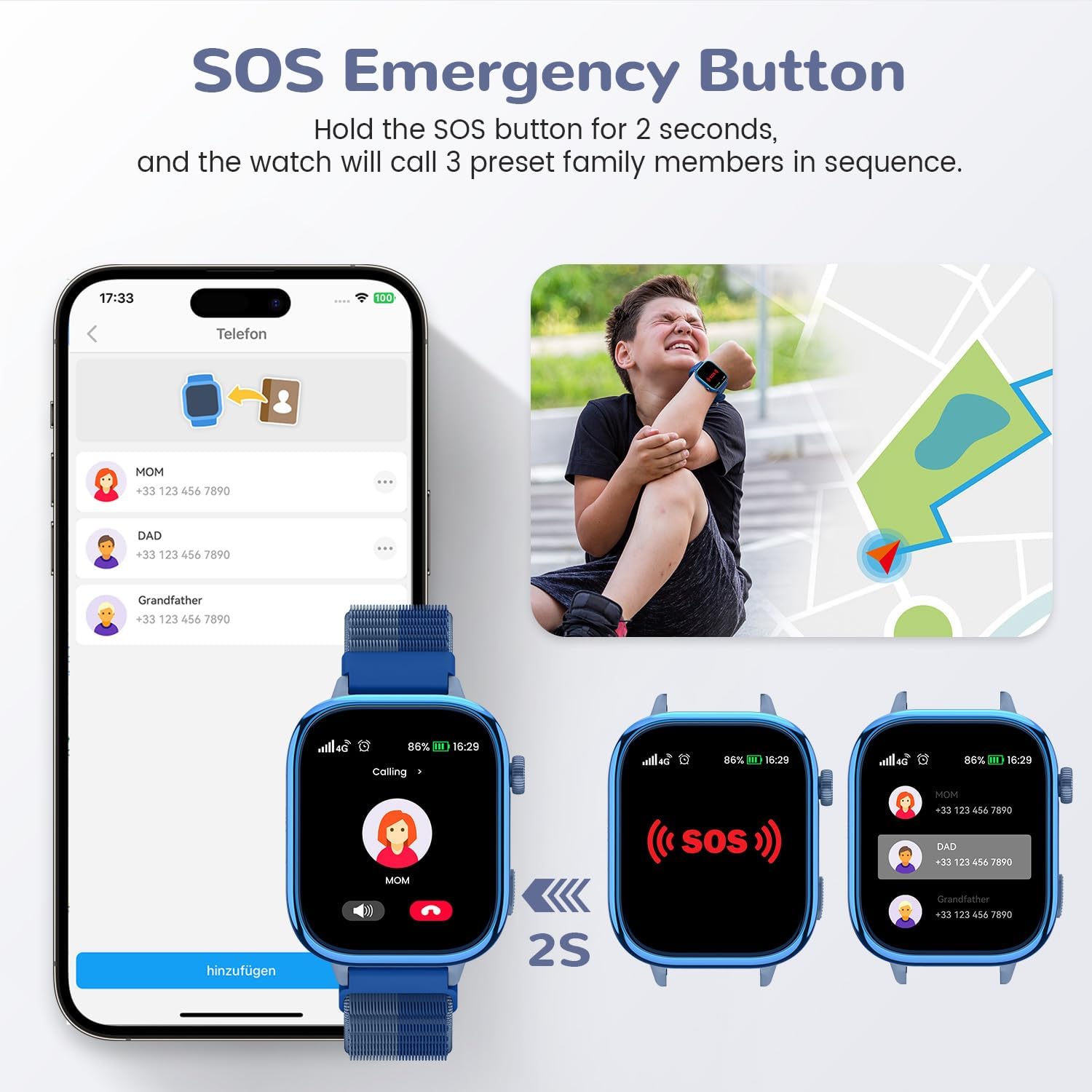 SWGOTA 4G Reloj Inteligente Niño con GPS y Teléfono, Smartwatch Niños con Videollamadas, Mensajes, Modo Escuela, SOS, IP68 Impermeable, Despertador, Podómetro - Regalo Ideal para Niños y Niñas (Azul) - 5