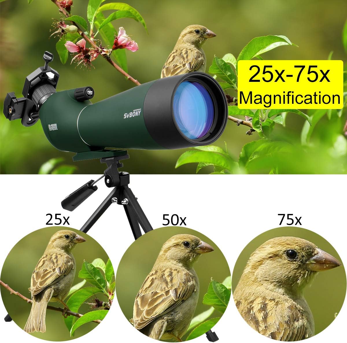 Svbony SV28 Telescopio Terrestre 25-75x70 Impermeable Prisma BAK4 Lente Óptica Recubierta MC Zoom Spotting Scope con Trípode y Adaptador de Phone - 3