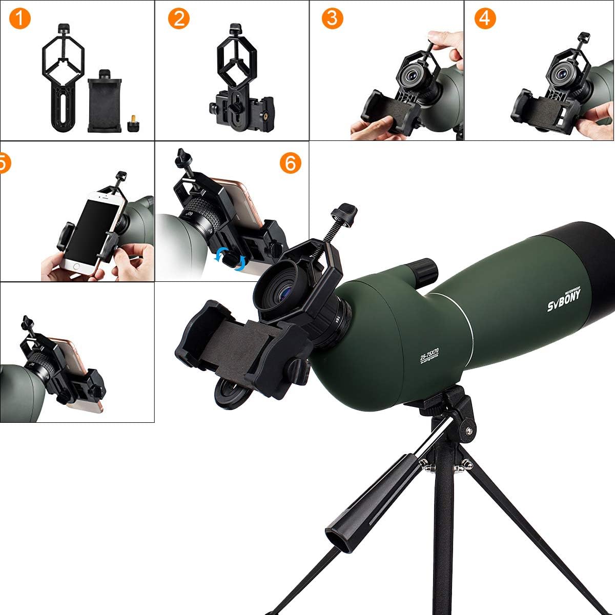Svbony SV28 Telescopio Terrestre 25-75x70 Impermeable Prisma BAK4 Lente Óptica Recubierta MC Zoom Spotting Scope con Trípode y Adaptador de Phone - 6