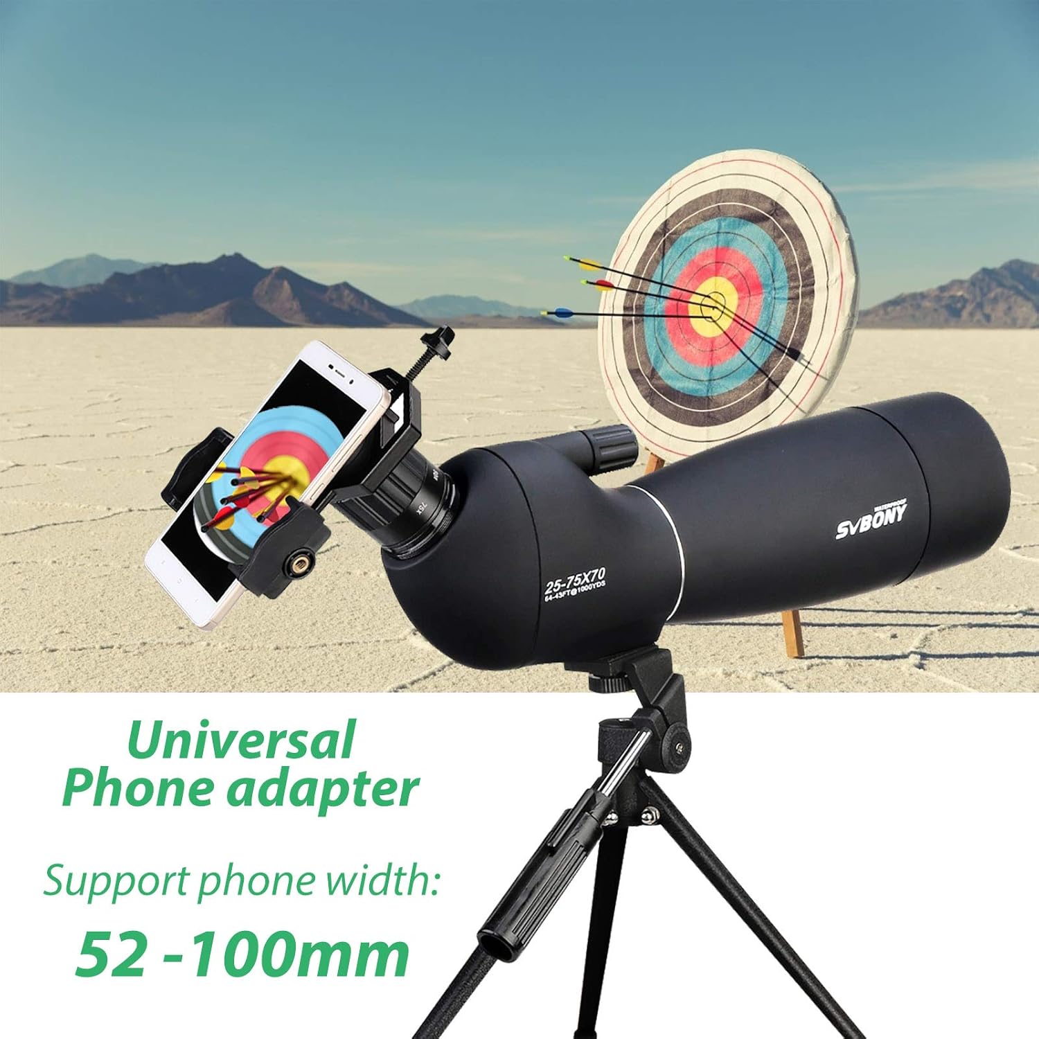 Svbony SV28 - Vista Larga, 25-75x70 con trípode, HD BAK4 Prisma FMC Lens Longue-View con Adaptador telefónico para Tiro al Objetivo, Tiro con Arco, observación de Aves, Luna - 3