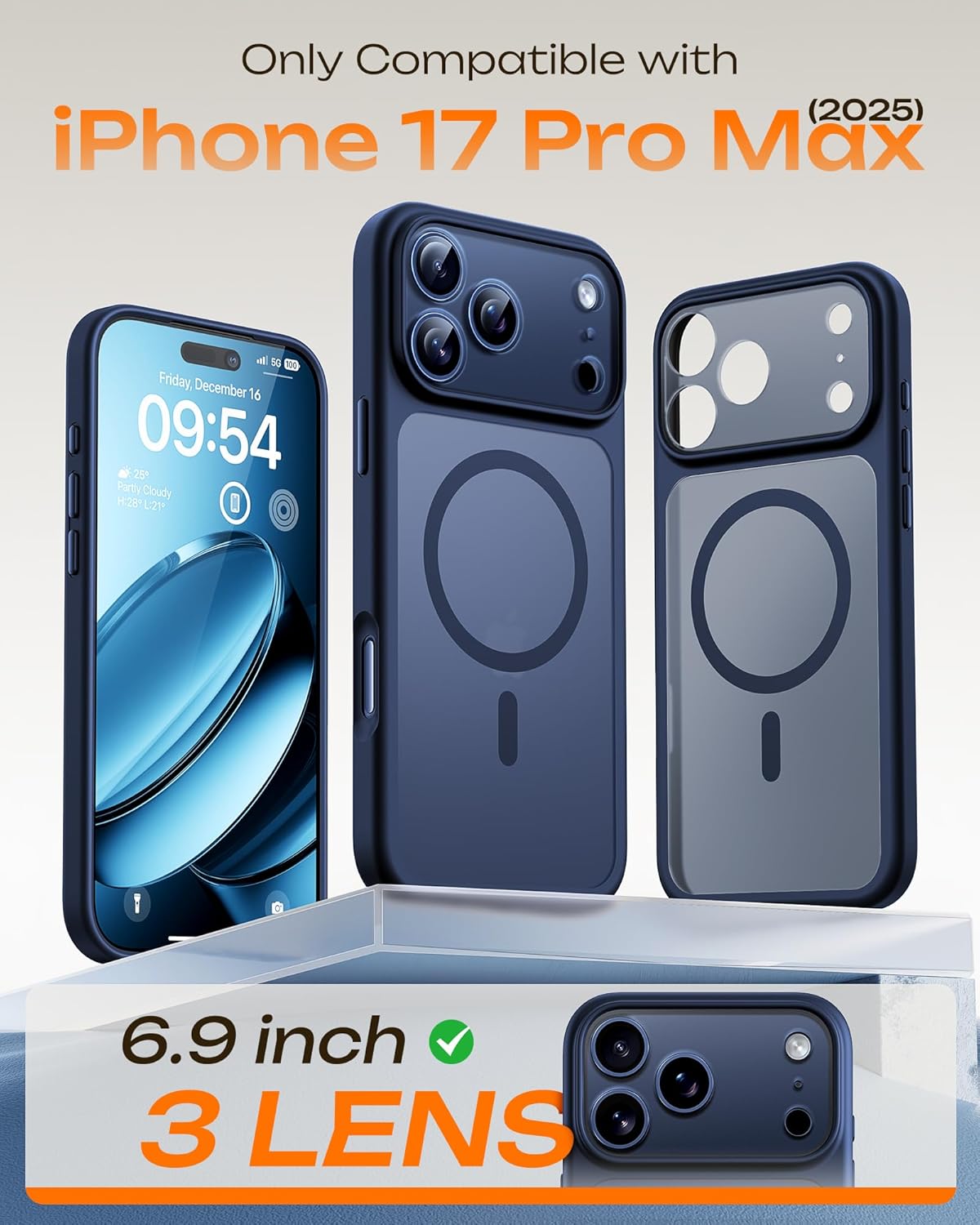 TOCOL Funda para iPhone 17 Pro MAX, Protección Lente Cámara, Anillo Magnético Integrado, Compatible con Magsafe, Protección contra Caídas, Translúcida Mate Trasera, Azul Marino - 2