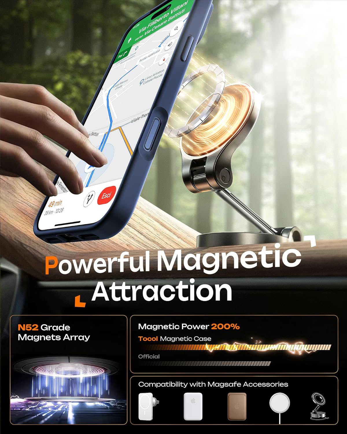 TOCOL Funda para iPhone 17 Pro MAX, Protección Lente Cámara, Anillo Magnético Integrado, Compatible con Magsafe, Protección contra Caídas, Translúcida Mate Trasera, Azul Marino - 5