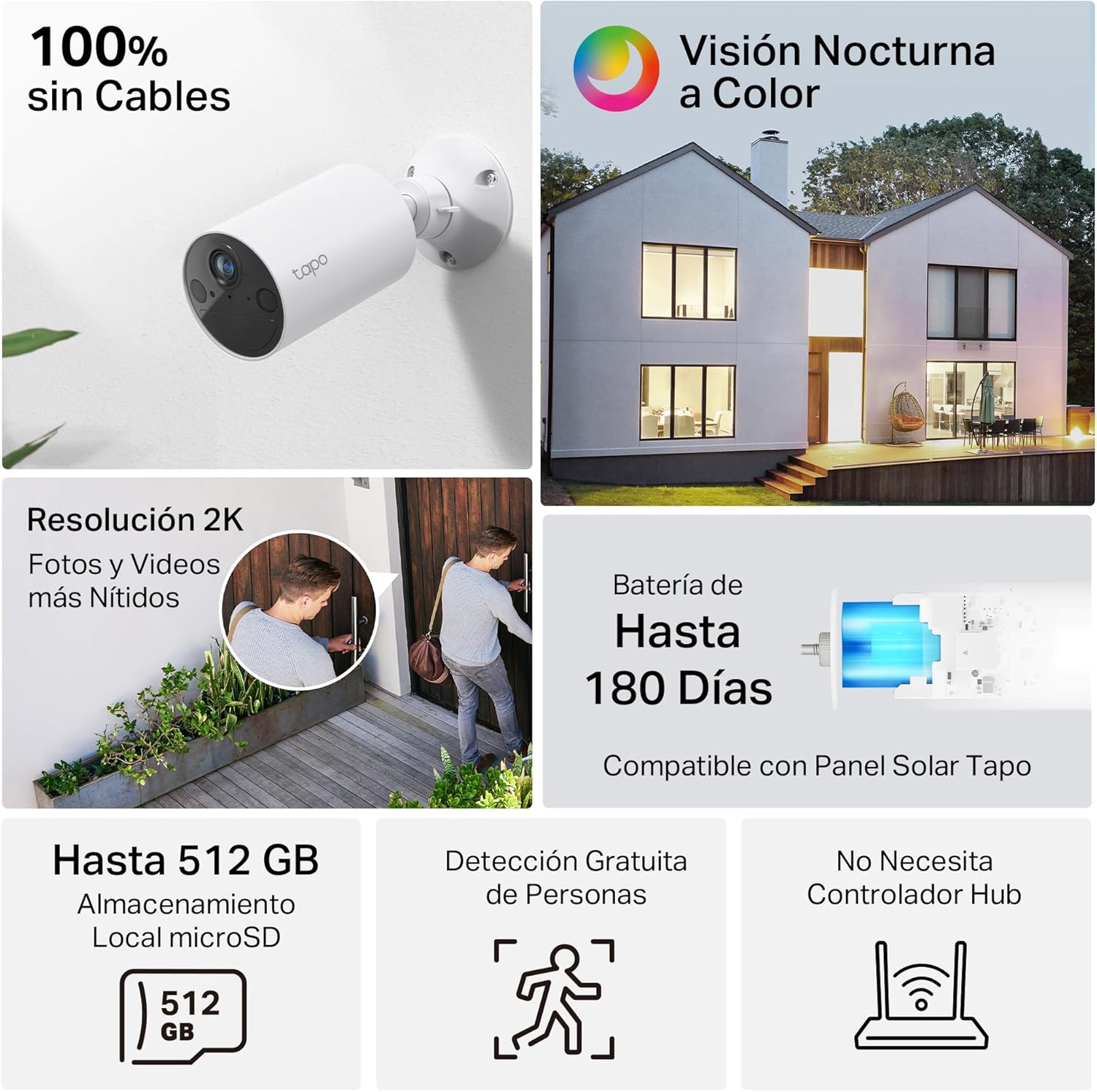 Tapo C410 (paquete de 2), visión nocturna a color 2K 3MP, recargable, panel solar, IP65, almacenamiento local/en la nube, ángulo de 110°, alarma iluminada y sonora, cámara de seguridad - 2