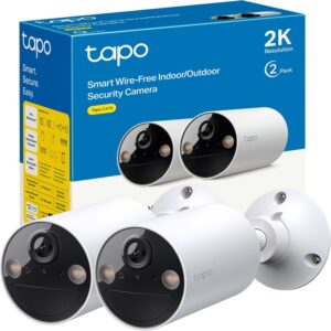 Tapo C410 (paquete de 2), visión nocturna a color 2K 3MP, recargable, panel solar, IP65, almacenamiento local/en la nube, ángulo de 110°, alarma iluminada y sonora, cámara de seguridad