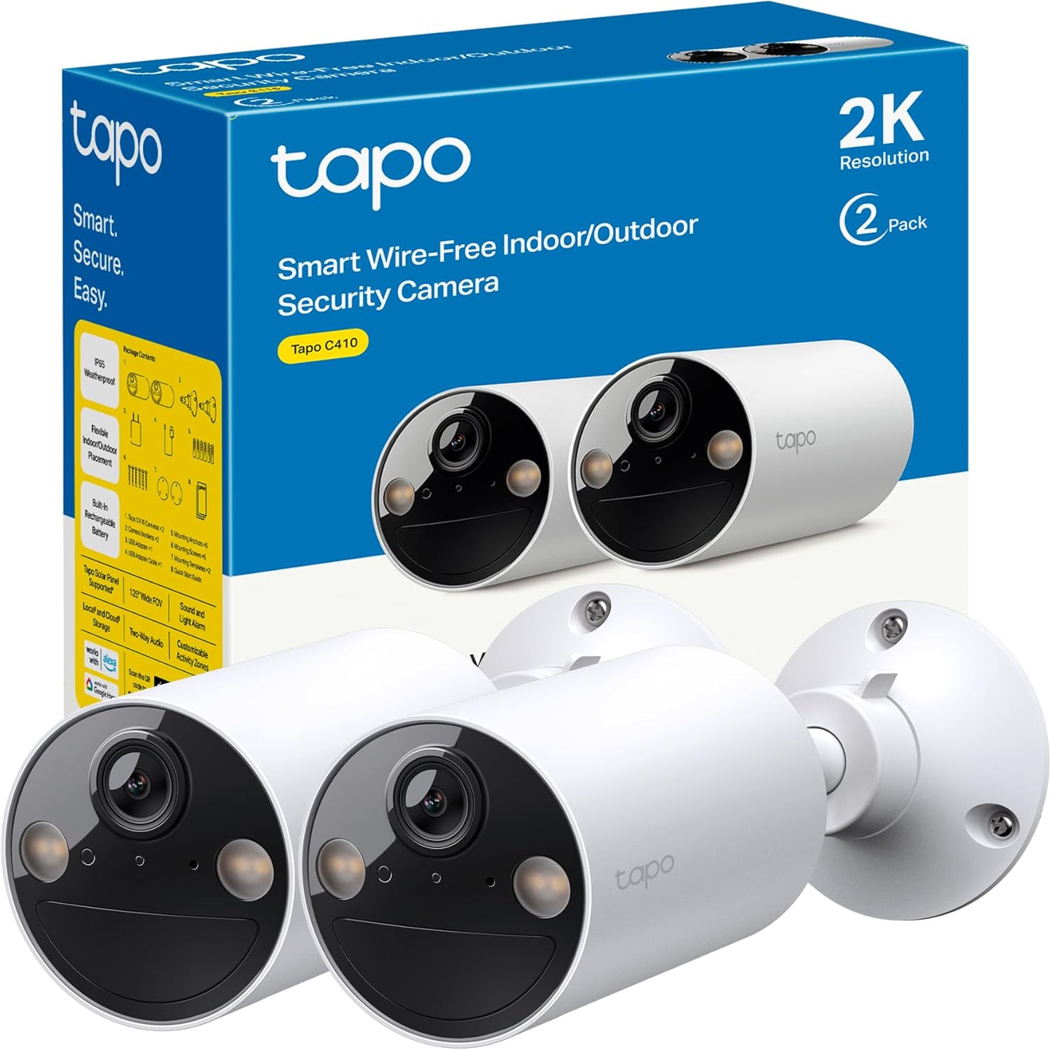 Tapo C410 (paquete de 2), visión nocturna a color 2K 3MP, recargable, panel solar, IP65, almacenamiento local/en la nube, ángulo de 110°, alarma iluminada y sonora, cámara de seguridad - 1