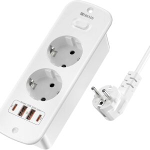 Toma de Empotrar Corriente con 2 USB y 2 Type-C, 2 Tomas Enchufes Multiple Empotrada de Sobremesa con Interruptor, Regleta de Enchufes Empotrada con Cable de 2M para Muebles de Encimera, Blanco