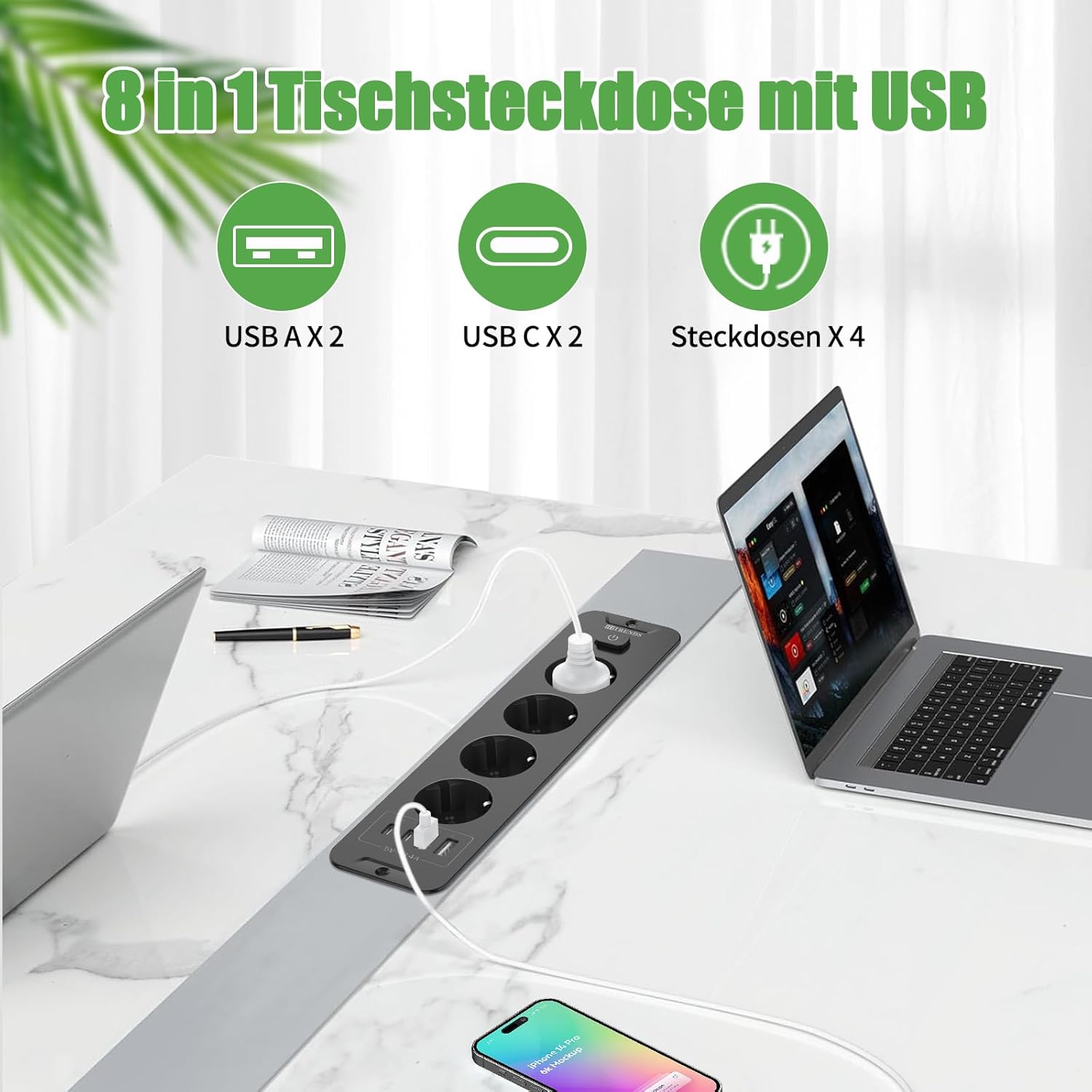 Toma de Empotrar Corriente con 2 USB y 2 Type-C, 4 Tomas Enchufes Multiple Empotrada de Sobremesa con Interruptor, Regleta de Enchufes Empotrada con Cable de 2M para Muebles de Encimera, Negro - 2