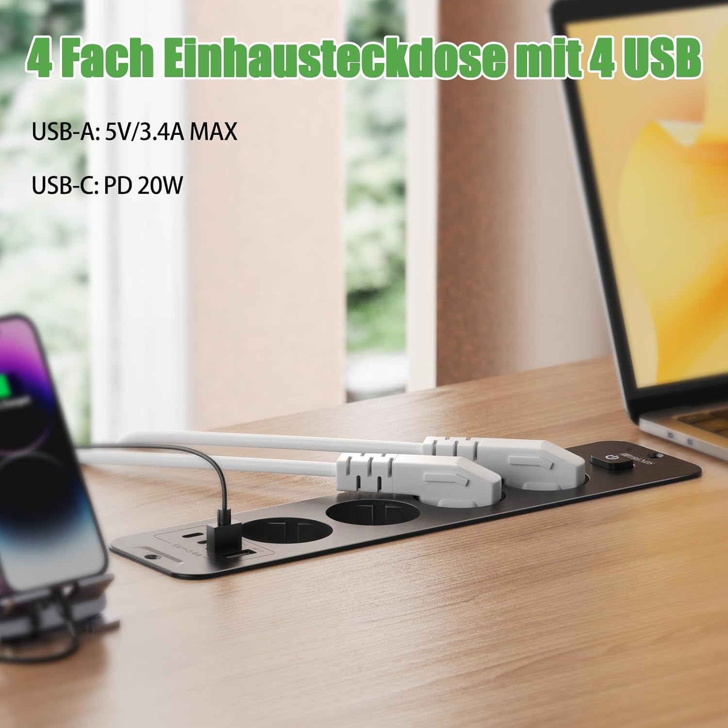 Toma de Empotrar Corriente con 2 USB y 2 Type-C, 4 Tomas Enchufes Multiple Empotrada de Sobremesa con Interruptor, Regleta de Enchufes Empotrada con Cable de 2M para Muebles de Encimera, Negro - 3